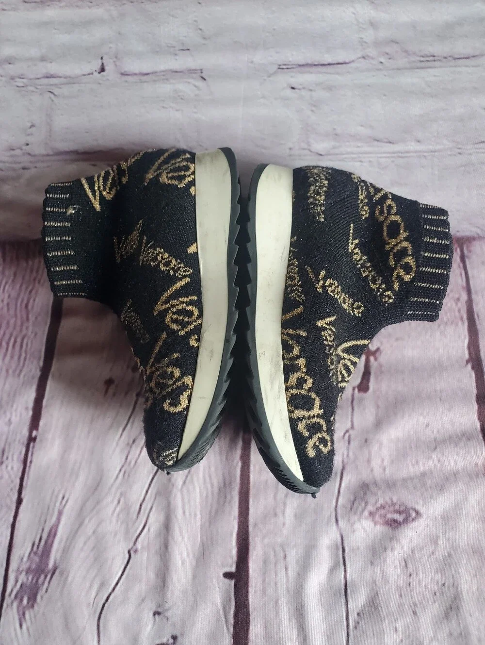 Versace Toddler Sneakers Shoes Sz 26 Sock-fit Knit Slip-on Ankle Black & Golden